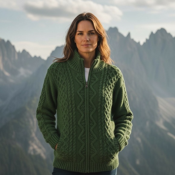 Aran Sweater Market Fisherman Merino Wool Cable Knit Zip Cardigan Green M NWT - Picture 1 of 14